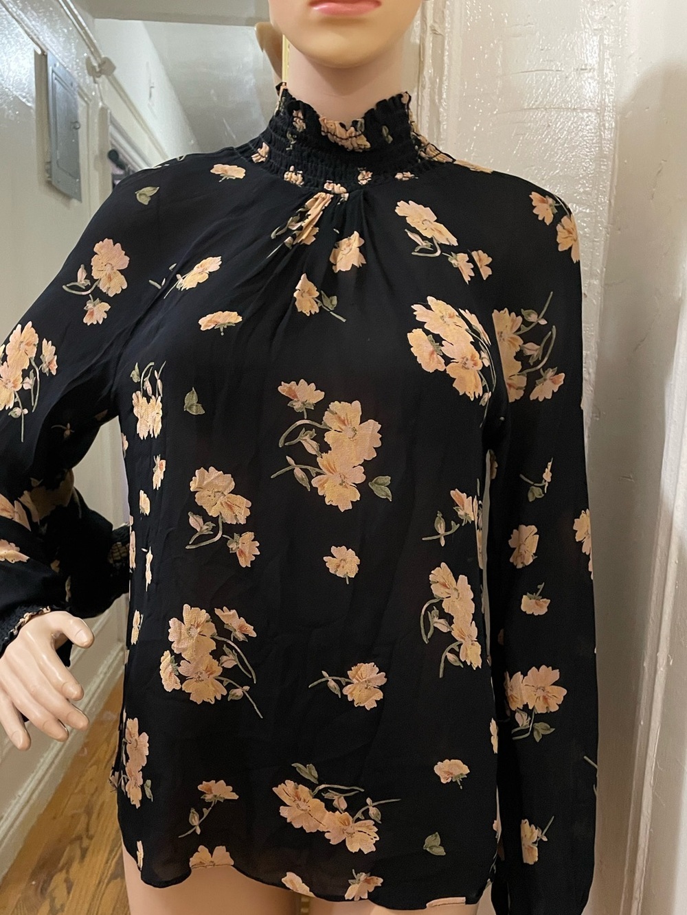 Reformation Black Floral High-Neck Long-Sleeve Blouse